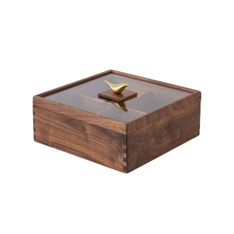 Luxun Walnut Snack and Nut Severing Tray with Glass Lid 4 compartment with Copper Bird Design